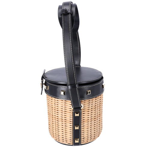 Salvatore Ferragamo Gancini Drawstring Bucket Bag Wicker Studded Leather + Pouch